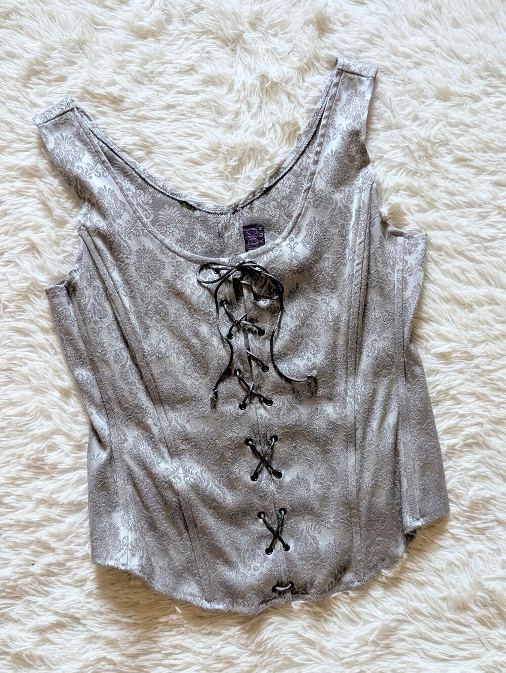 90s Morbid Threads Silver Jacquard Lace Up Vintage Hot Topic Corset Top Large